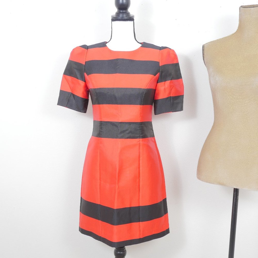 ASOS Red Black Stripe Retro Short Sleeve Puff Shoulder SZ 6 Mod 60's Mini Dress